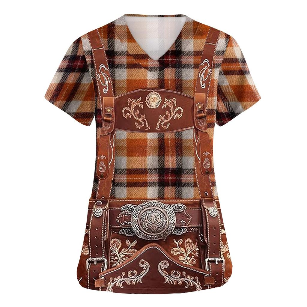 Womens V Neck Short Sleeve Work Shirt with Pockets Oktoberfest Print Top for Caregivers Nursing Uniforms Plaid Pattern Design