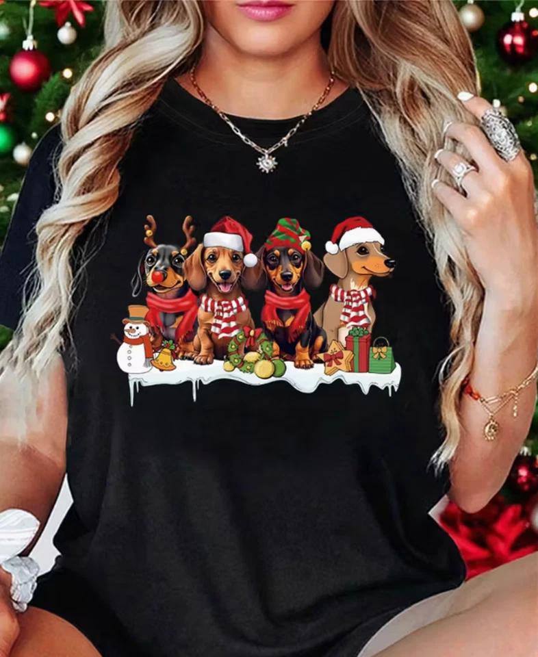 Christmas T-Shirt, Christmas Dog with Santa Hats Graphic Tee XL