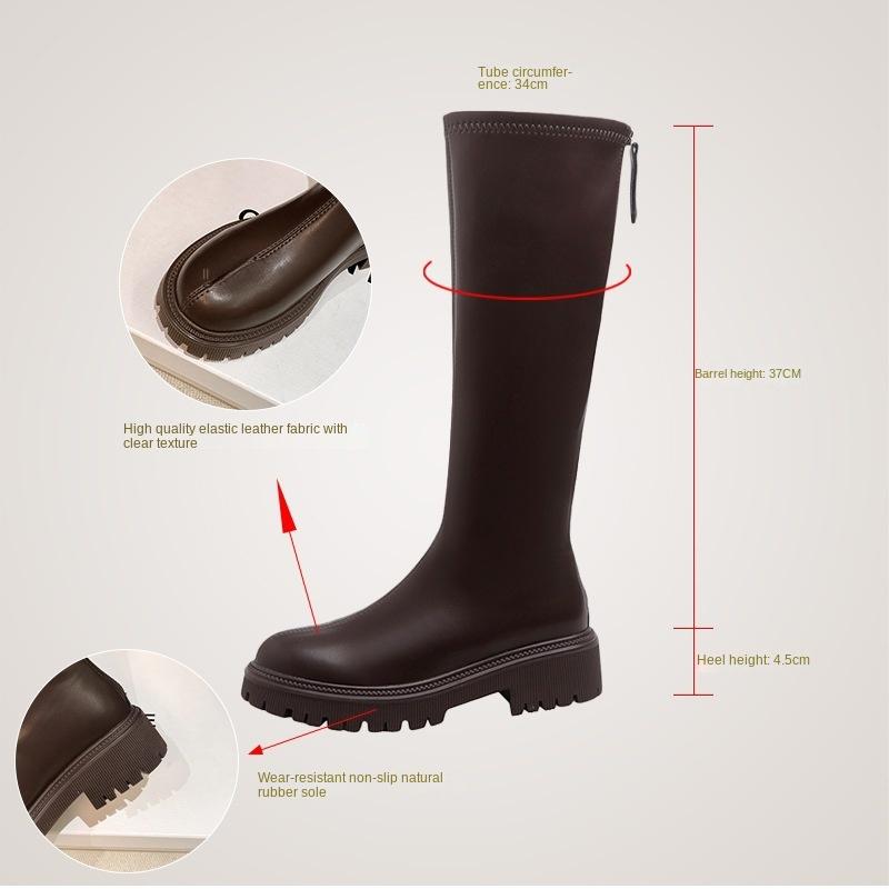 Women's Long Boots 2024 Autumn/Winter Thick Sole Round Toe Fashion Versatile Inner Heightening British Brown Knight Boots Women