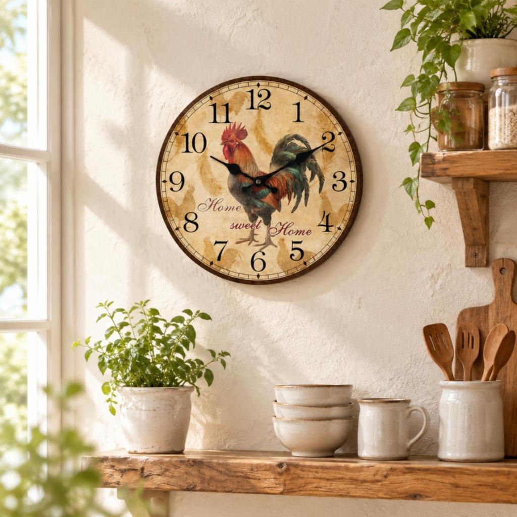 Decorative Wall Clock with Cockerel Illustration Accurate Time for Kitchen