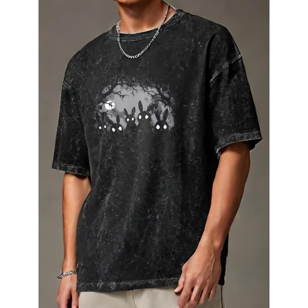 Washed Summer Cotton Men's TShirt Comfortable Breathable Fabric Moon Rabbit Pattern Print Trendy Clothing