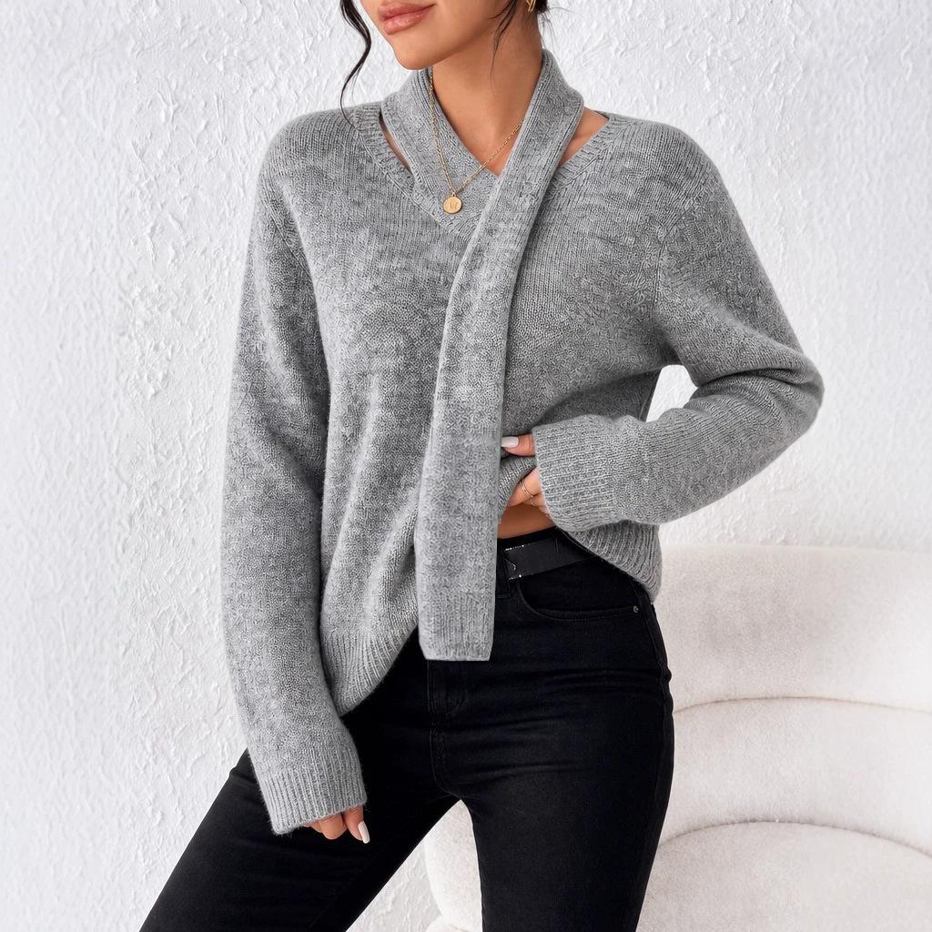 Design scarf collar knitted sweater women's autumn and winter loose V-shaped fake two-piece long-sleeved pullover casual knitted top