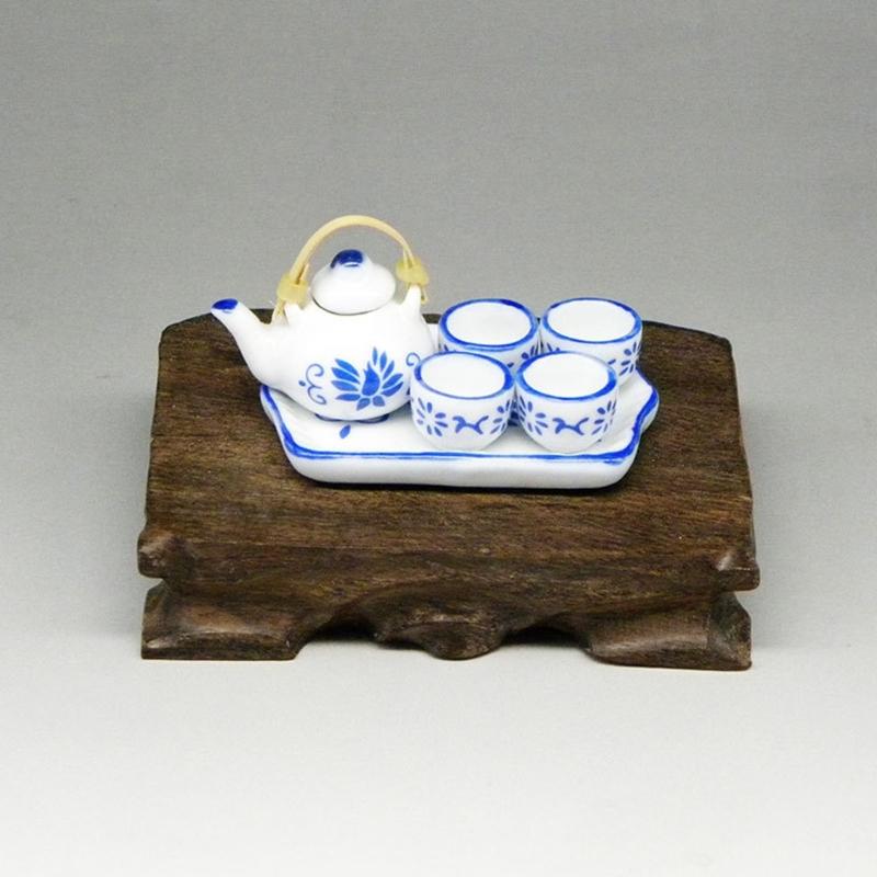 Miniature Teaware Set Model For Children And Collectors With Blue White Porcelain Teapot Cup Tray Doll House Furniture
