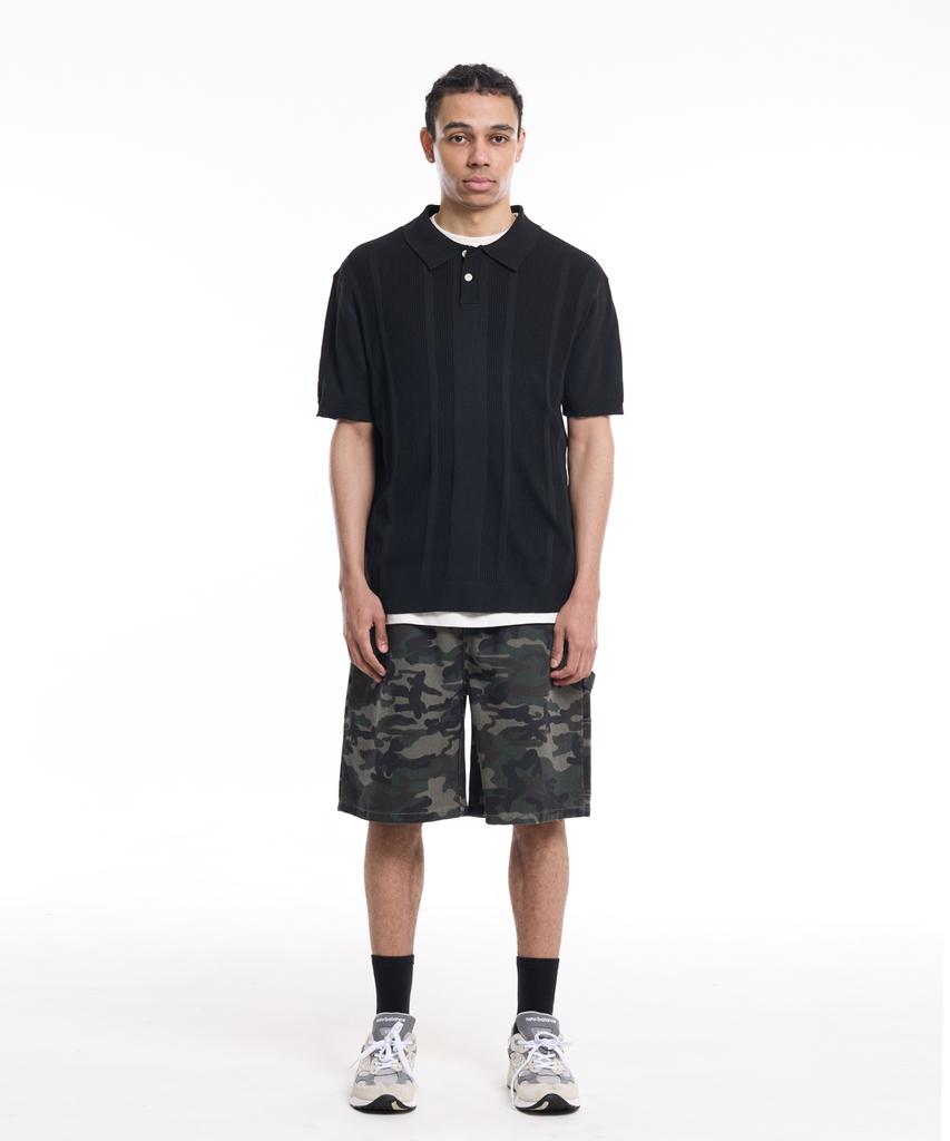 CREAM SODA LAB Daily Striped Collared Short Sleeve Knit Black