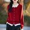 Spring New Style Women's Color-blocking Buttoned Knitted Cardigan POLO Collar Elegant Sweater Coat