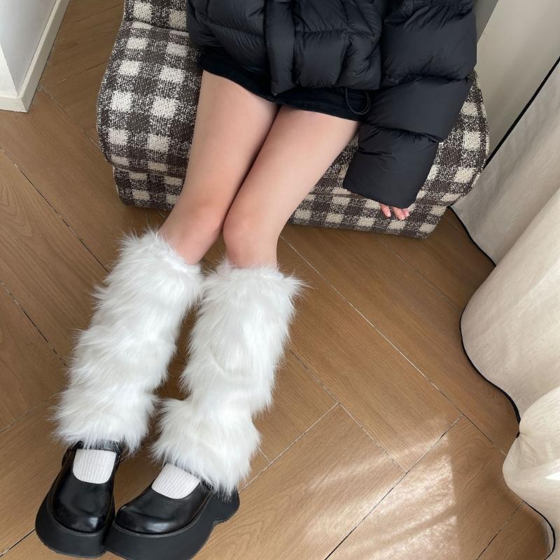 Soft Faux Furs Leg Sleeves Winter Leg Warmers Elastic Thermal Protective Boot Covers Footless Socks For Women Hosiery