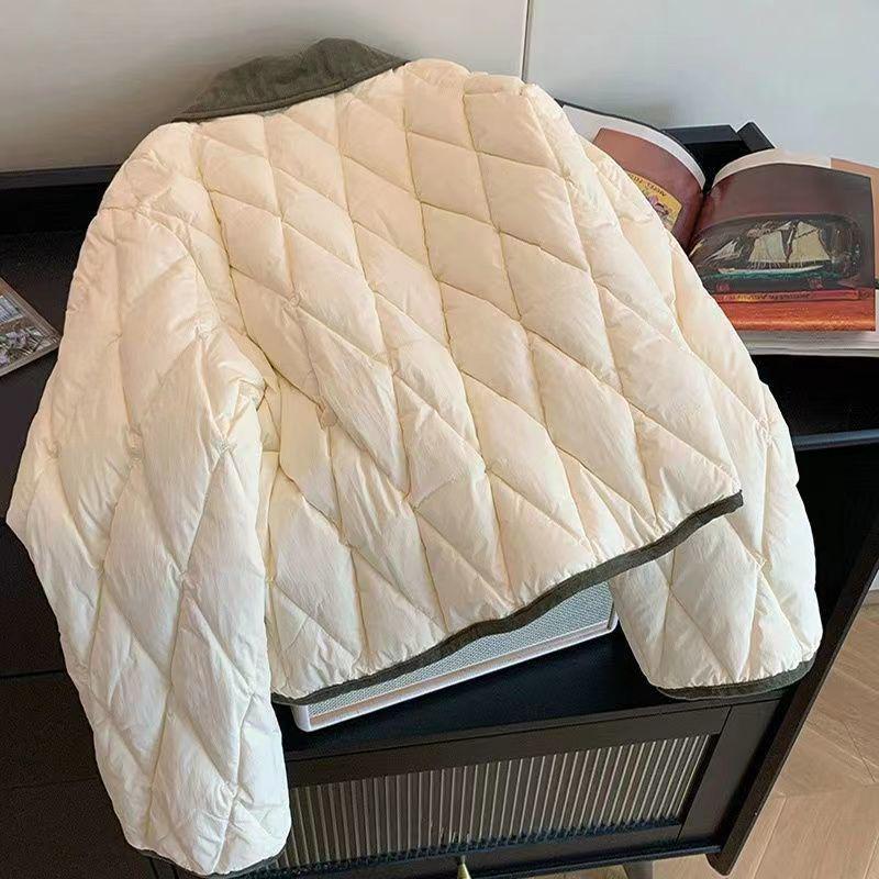 2023 Korean Color Block Diamond Pattern Short Cotton Padded Winter Jacket with Turn-Down Collar