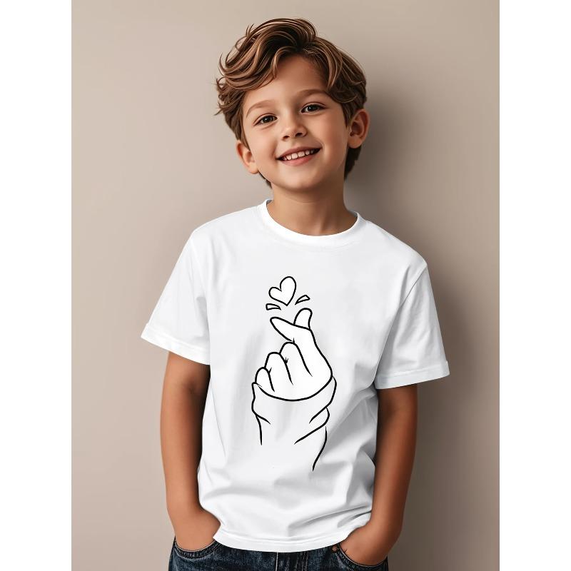 Boys Crew Neck Short Sleeve T-Shirt with White Heart Hand Gesture Print