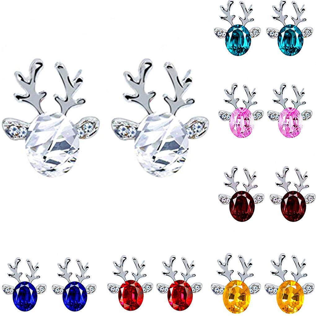 Christmas Elk Shape Earrings Women Girls Xmas Rhinestones Crystal Ear Clip 