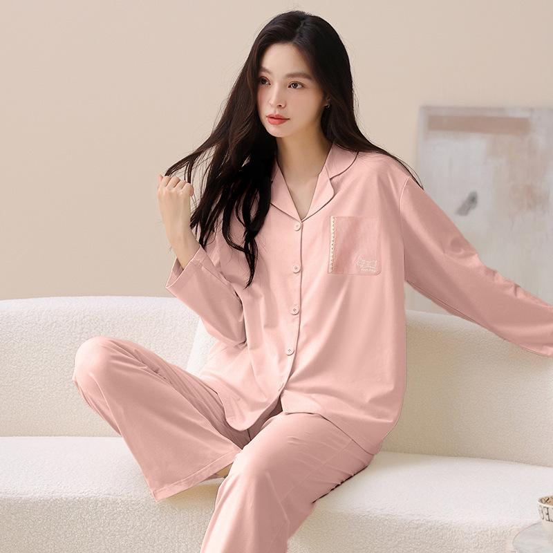 Couple pajamas pure cotton long-sleeved spring and autumn women's simple casual men's comfortable cardigan cotton loungewear set