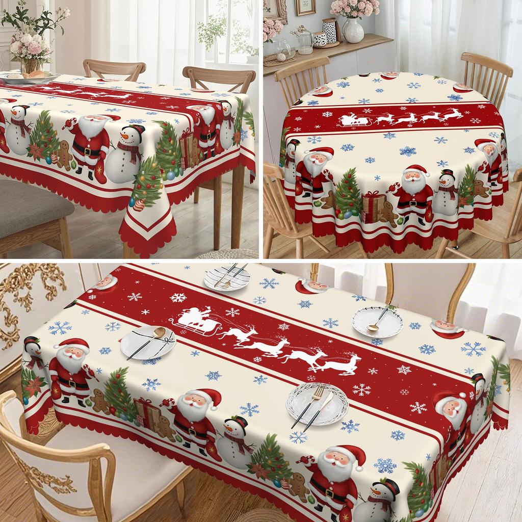 Christmas Tablecloth Santa Snowman Elk Christmas Tree Print, Dining Table Decorative Cloth, Round Table Square Table Universal
