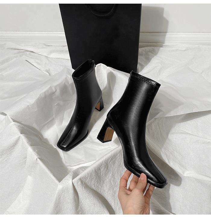 Brown short boots thick heel new versatile French high heel elastic boots velvet rear zipper square head thin boots