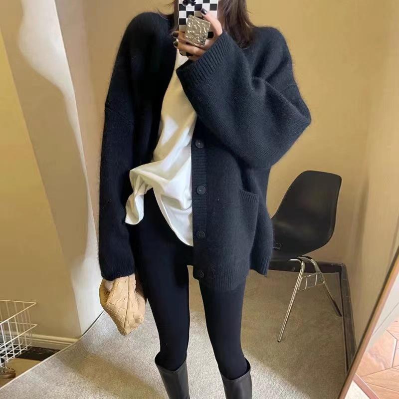 Women's Mid-Length 100% Wool Thick Cardigan - Elegant, Versatile, Loose Fit Cashmere Knitwear