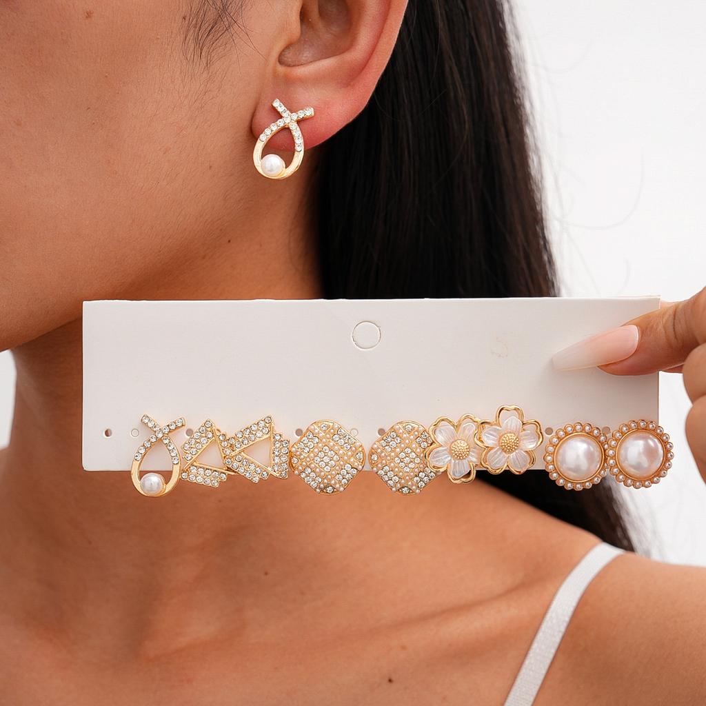 Ten-piece Set of Imitation Pearl Diamond Flower Silver Needle Earrings Exquisite Elegant Retro Earrings