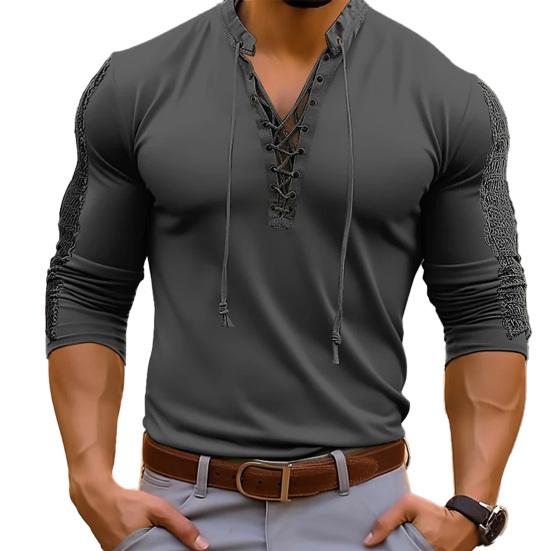 T-shirt da uomo slim fit tinta unita con scollo a V e lacci a maniche lunghe, top muscolari, camicie da uomo adulte ad alta elasticità