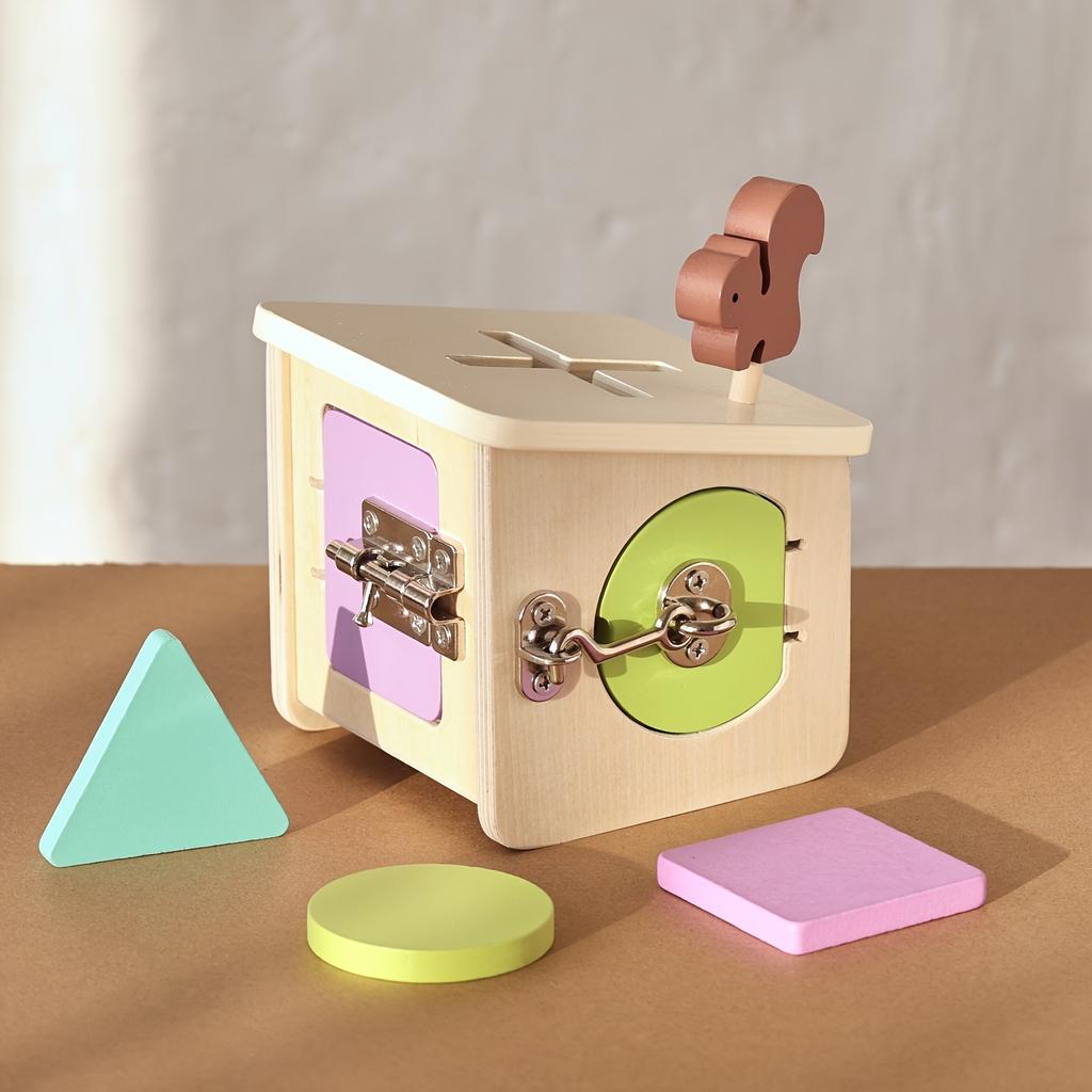 Wooden Early Education Lock Box Toy with Shape Sorting ,Color Recognition Features,Activity Unlocking Skills Tool Set for Toddler Developmental Play