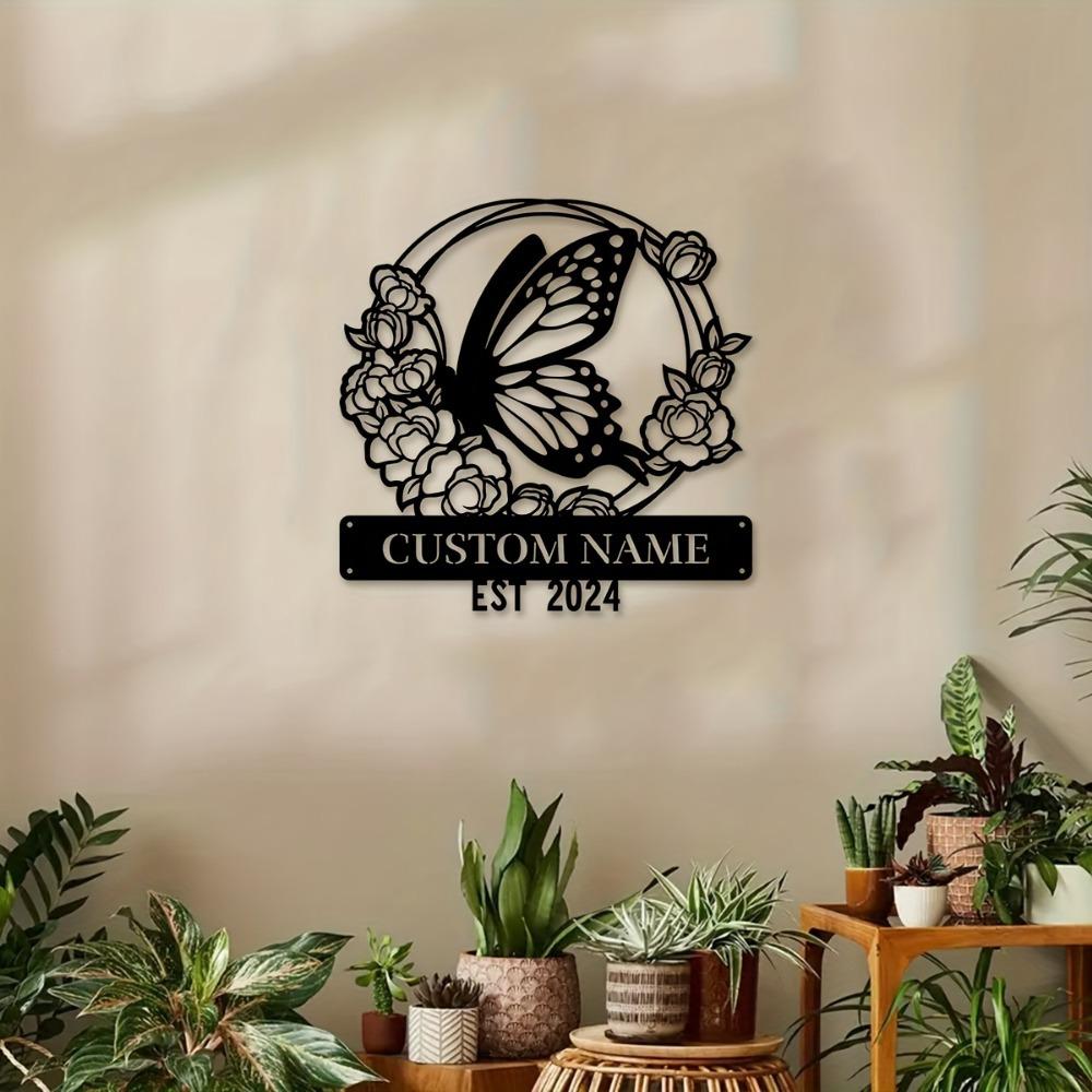 Custom Floral Butterfly Metal Wall Art, Personalized Sign, Rustic Home Decor for Lounge Office Veranda, Gift