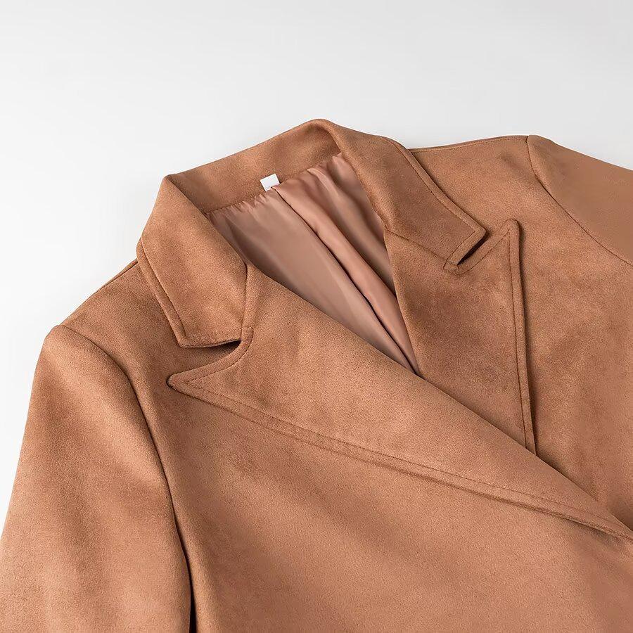 2024 Autumn Women's European-American Style Suede Double-Breasted Long-Sleeved Coat