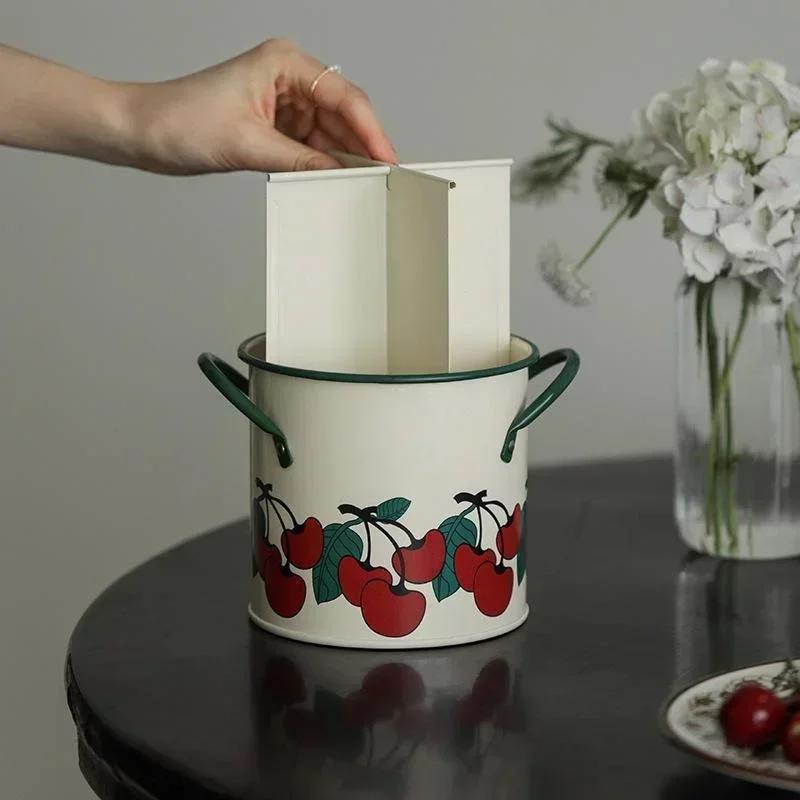 Retro Úložný kbelík na nádobí s odkapávačem a přihrádkou, Úložný box na kuchyňské nože a vidličky, Domácí dekorace pro kuchyňské náčiní