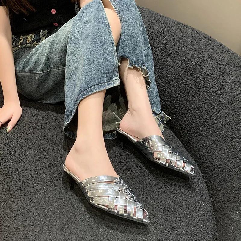 Women Summer 2024 Pointed Toe Stiletto Gladiator Sandals Gold Silver Fashion Luxury Slippers Ladies Brand Designer High Heels