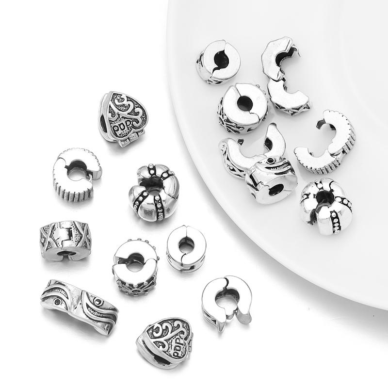5pcs Positioning Buckle Multiple Styles Ancient Silver Fixed Clip Big Hole Spacer Beads For Jewelry Making DIY Bracelet Necklace