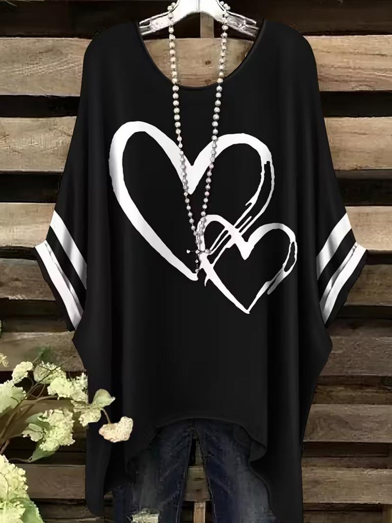 Elegantes Bohemian Chic Übergroßes Einfaches Retro Liebesdruck Druck Damen T-Shirt Asymmetrischer Saum Rundhalsausschnitt Vielseitige Damenbekleidung