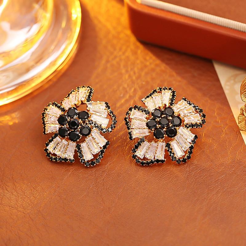 Elegant Hepburn Style Zircon Flower Stud Earrings Women Gold Black Options Sterling Post Fine Jewelry