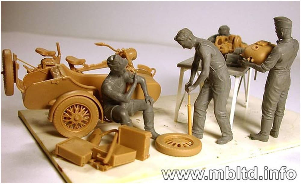 Master Box German Motorcycle Maintenance Scene with Sidecar and Set of 4 Plastic Models MB35060 1/35 Accessories,