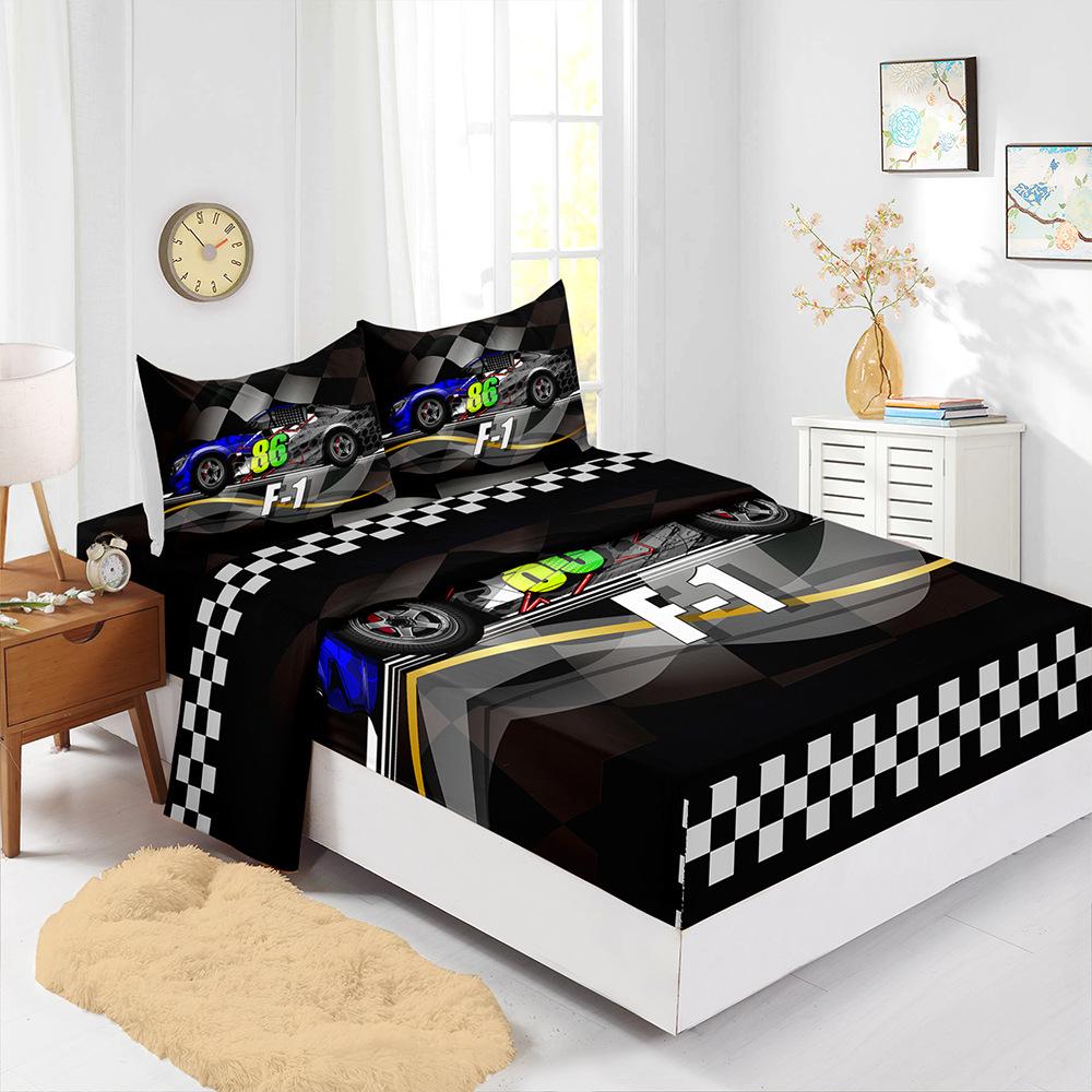 Four-Piece Mattress Racing Game Construction Car 3D Digital Printing Set Mattress Protective Cover