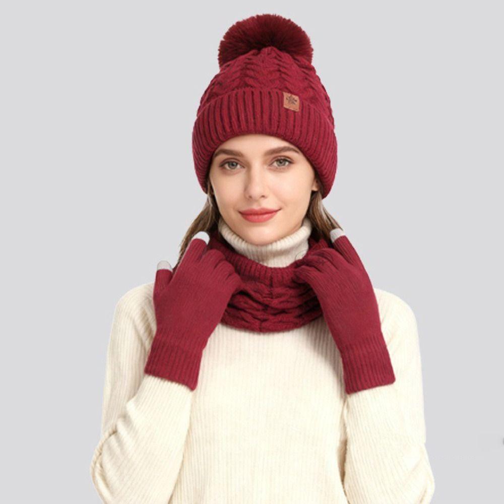 3Pcs/Set Plush Knitted Hat Warm Beanies Hat Fashion Winter Hat Scarf Gloves  Men Women
