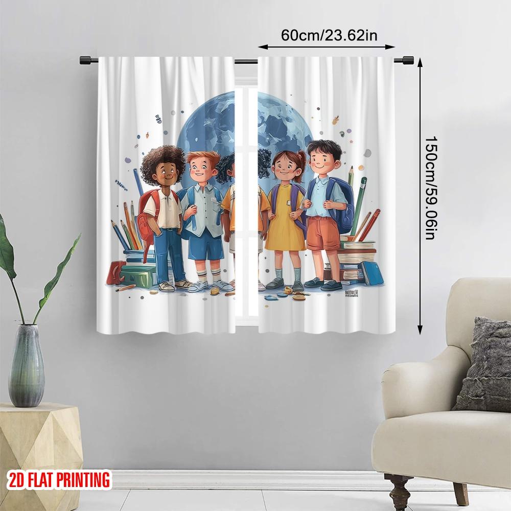 2pcs,2D Plane Printing Light Filtering Curtains Cheerful School Versatile Durable Polyester (without Rod) All Seasons Use for