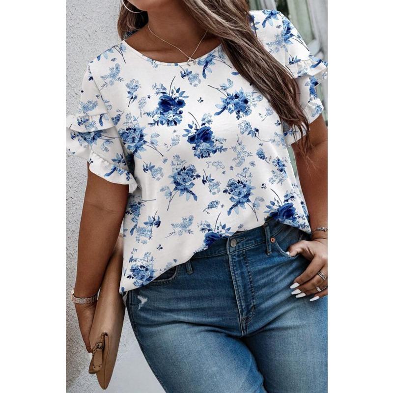 Women's New Summer Round Neck Spliced Ruffle Loose Printed Short Sleeve Tops T-shirt