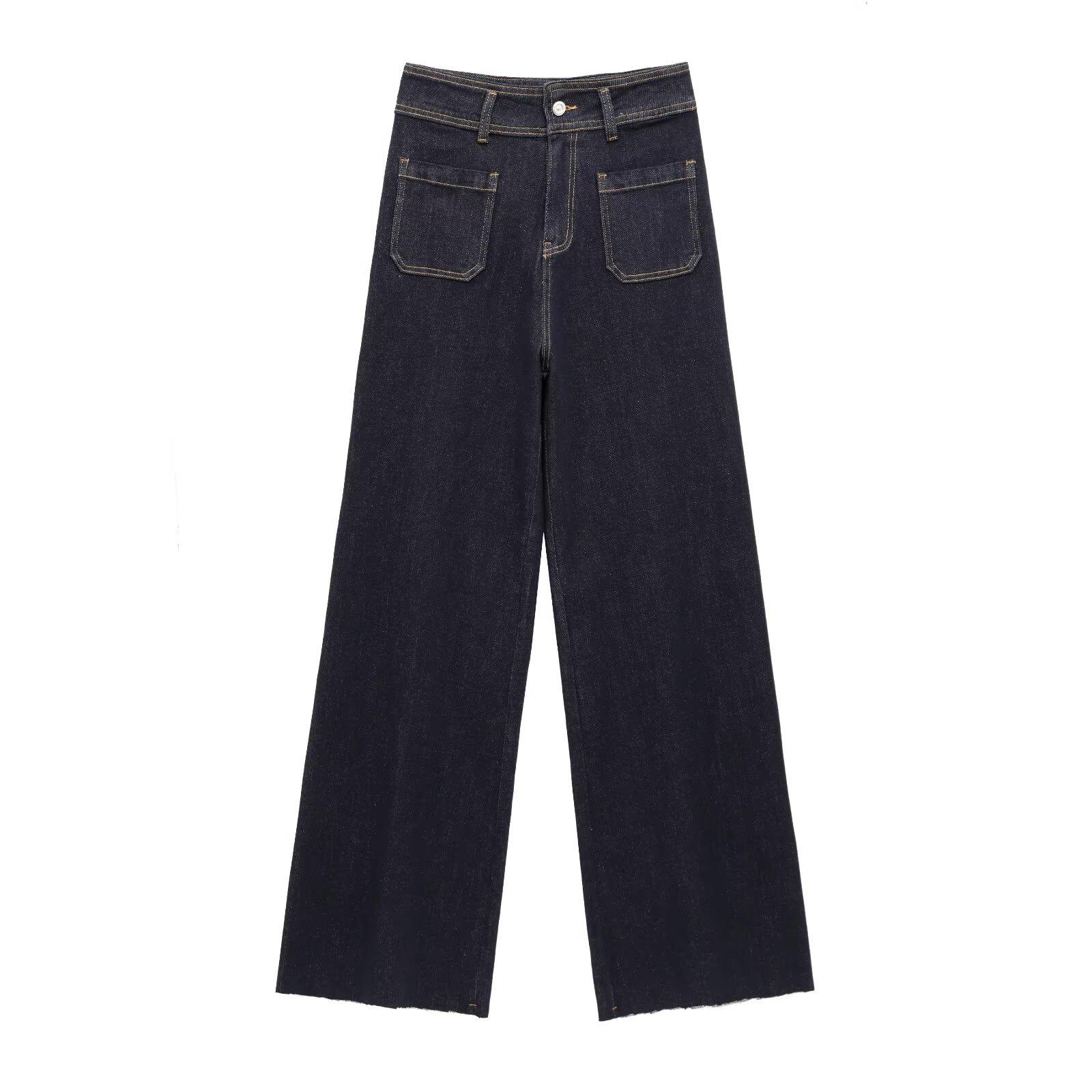 

Женская мода весна 2025: Европейские и американские джинсы в морском стиле с высокой посадкой Large темно-синий