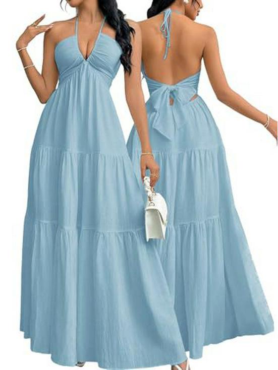 European & American Deep V Spaghetti Strap Backless Dress - Wedding, Party & Vacation Style