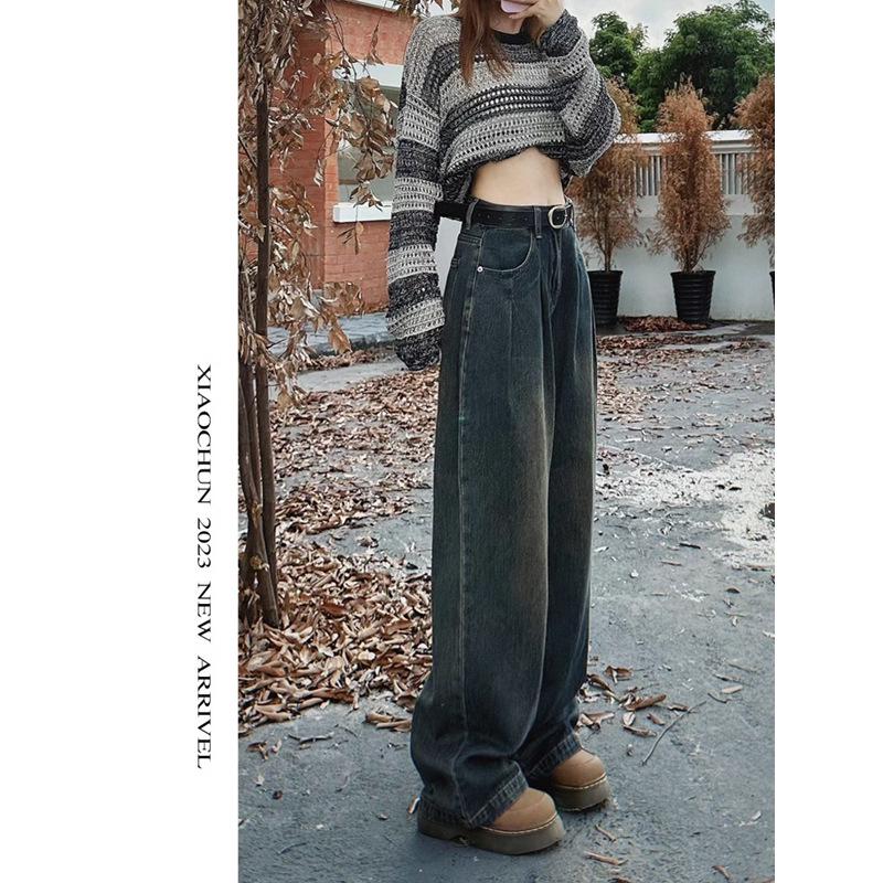 

Women s Cement Gray Retro Straight-Leg Jeans: 2024 Spring/Fall Wrinkled Drapey Wide-Leg Floor-Length Pants. S