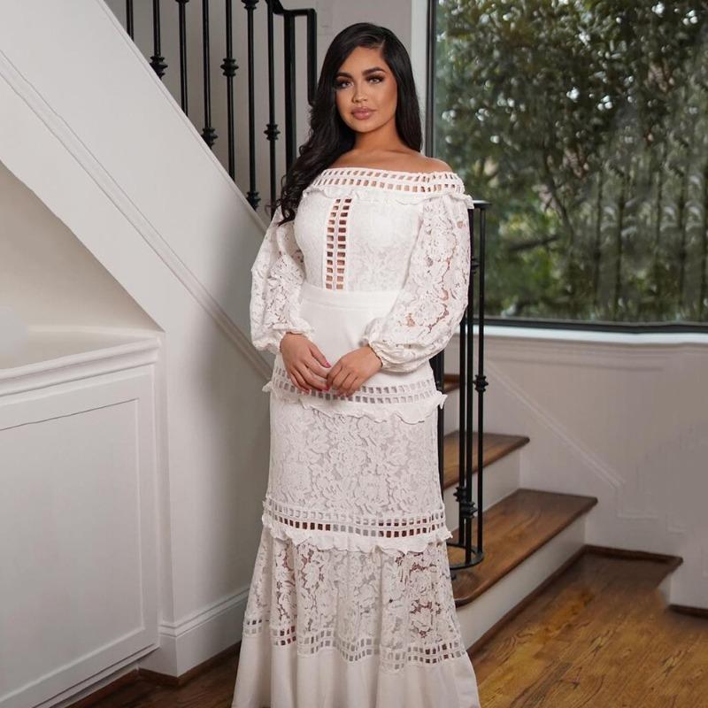 Frühling und Sommer neues Damen-Spitzenkleid One-Shoulder-Kleid mit Lotusblatt-Kragen Hochzeitskleid Abendkleid Bankettkleid