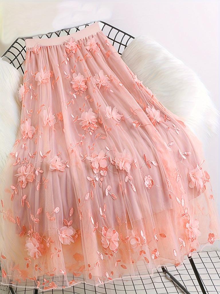 Charming Floral Applique Mesh Skirt - Elasticated Waist for Comfort - Casual Chic Style - Perfect for Womens Everyday Wardrobe