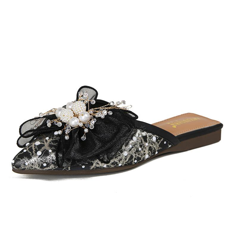 Fashion Cover Toe Big Size Shoes Low Slippers Flat Slides Slipers Women 2025 Pointed Fabric Hoof Heels Bling Rubber PU Silk Shoes Womens