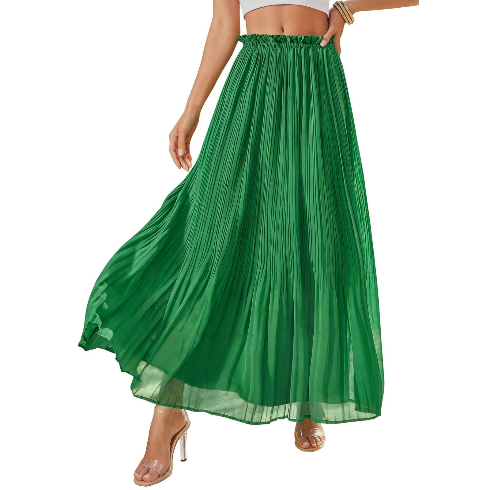 

Women s High Waist Pleated Maxi Skirt Lightweight Flowy Chiffon Elastic Waistband Long Skirt for Casual Wear L зелёный