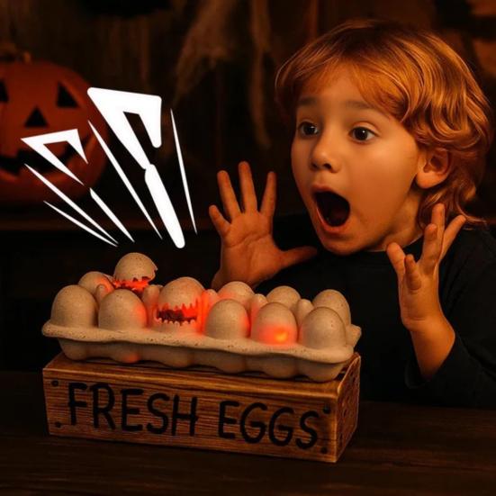 Halloween Zombie Chick LED Light Up Eggs Tray Spooky Eggshell Hatching Chicks Decoration 3D Creepy Deviled Eggs for Tabletop Party Indoor Decoration