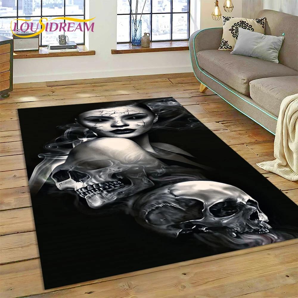 Skull Dead Girl 3D Gothic Horror Female Rose Rug Carpet for Living Room Bedroom Decor,Non-slip Decoration for Sofa Doormat Gift