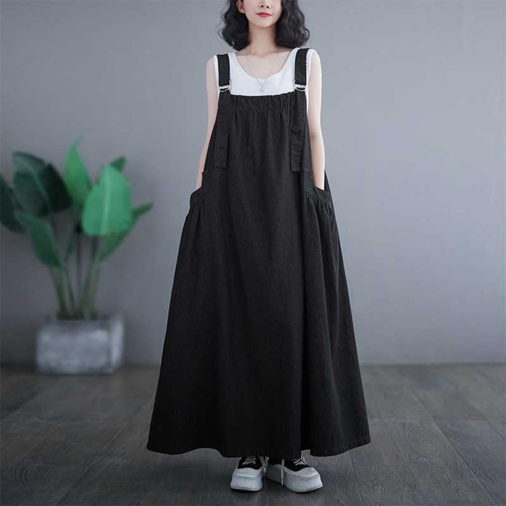 Denim Jumper Overall Cami Layered Cami Long Overalls Denim Solid Maxi Oversized Sleeveless [Pinyifang] Women's Skirt, Skirt, Dress, Dress, Dress,