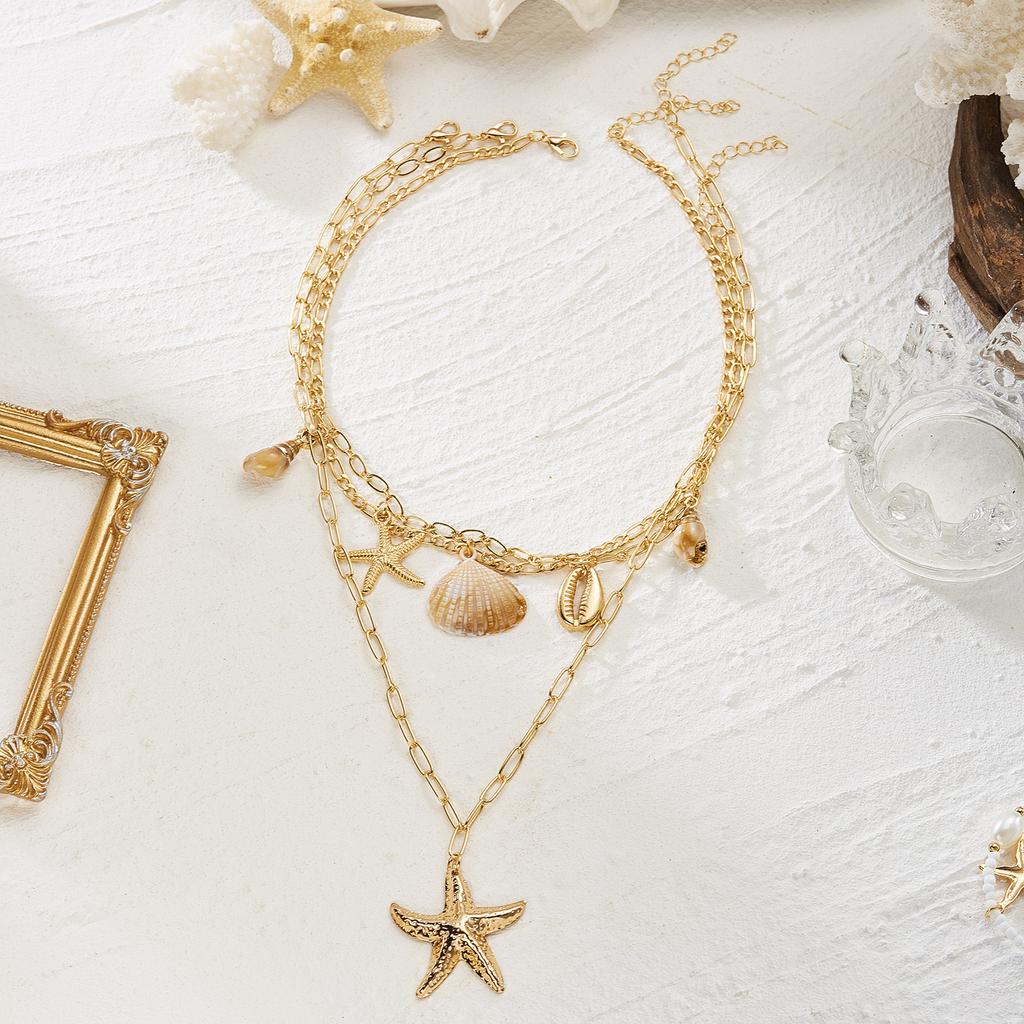 Bohemian Gold Shell Starfish Conch Pendant Necklace for Women Beach Vacation Party Charm Choker Jewelry