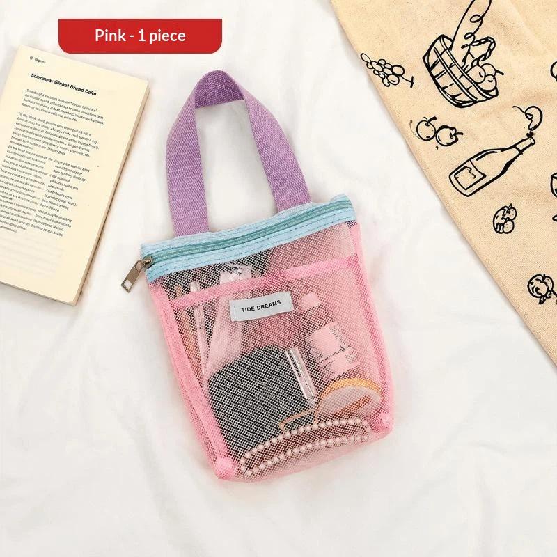 Breathable Mesh Cosmetic Storage Bag Secure Zipper Design Comfortable Grip Handle Portable Makeup Pouch for Vacation