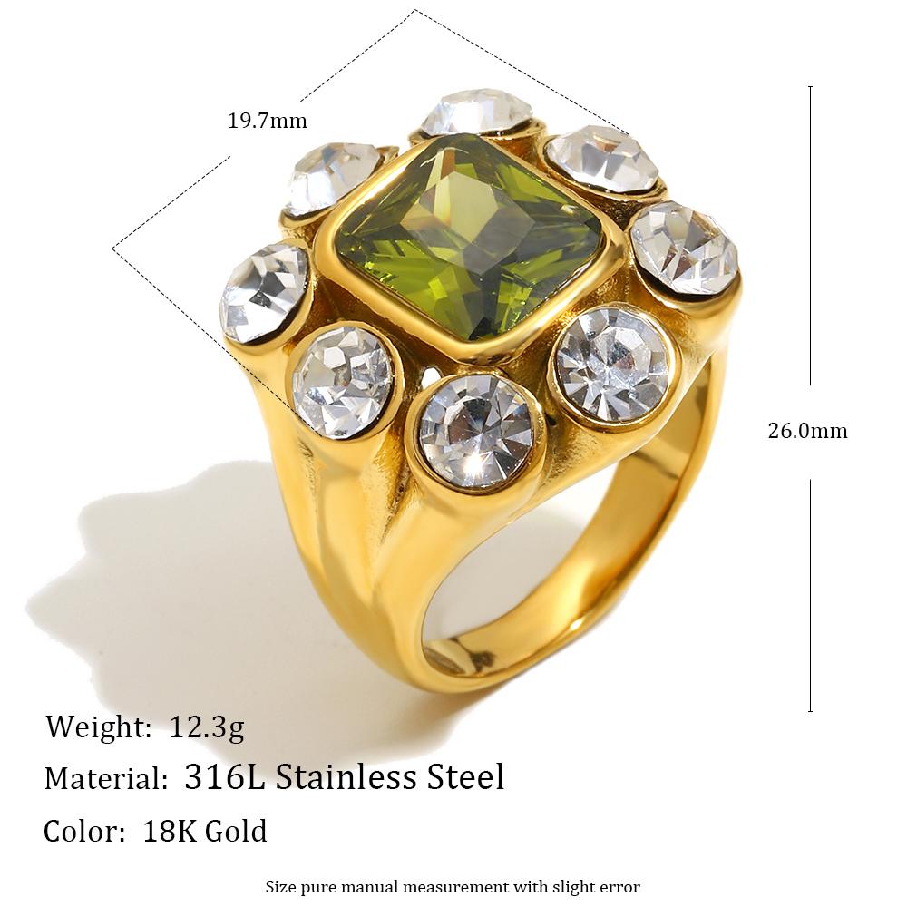 

E.B.belle Party Shiny Flower Luxury Clear Green Zircon Ring Stainless Steel PVD Plated Fashion Women Stetement Jewelry 6