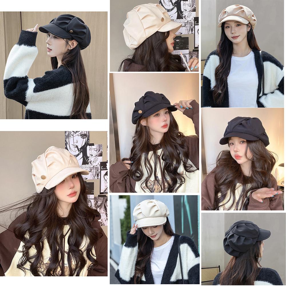 Women Cloud Pleated Newsboy Cap, Adjustable 55-59CM Octagonal Beret Hat, Large Head Circumference Visor Hat, Face Slimming Casual Hat