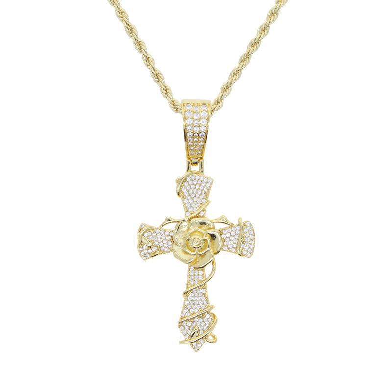 Micro Pave Setting Rhodium Brass CZ Cross Necklace With Bling Zircon Fashionable Rope Chain Chunky Bling Iced Hip Hop 24inches(60.96cm) золотой