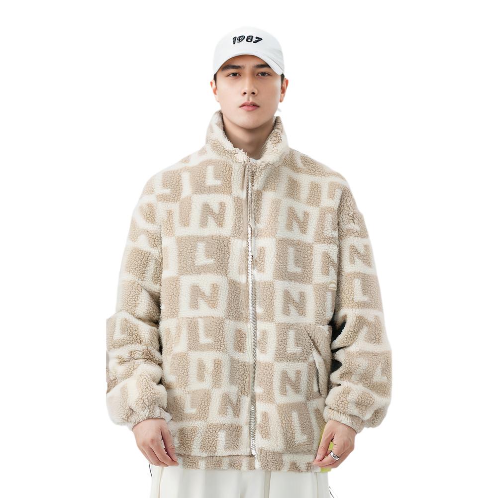 Li Ning Sports Lifestyle Series Logo All Over Print Letter Zipper Stand Collar Loose Long Sleeve Jacket Men Jacket Swan-White Milk-Brown AFDSC01-1