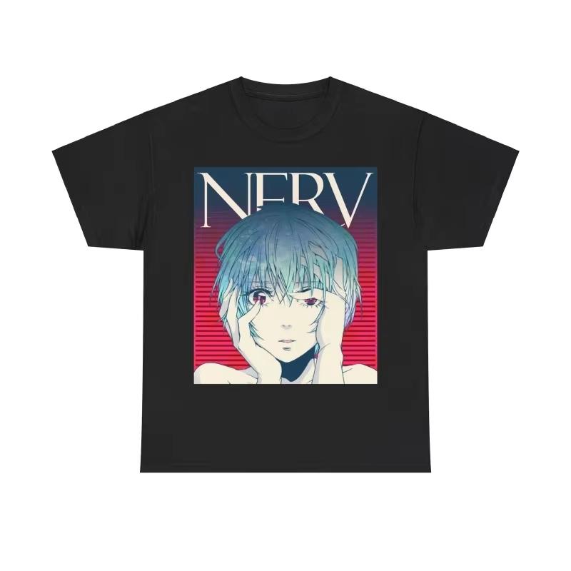 Neon Genesis Evangelion Rei Ayanami NERV Logo Anime Print Black Cotton Women And Men Comfortable T-shirt 4XL