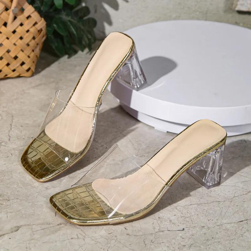 

Модная женская обувь 2024 года, модные женские туфли с открытой пяткой, летние прозрачные однотонные туфли с открытым носком, блочный каблук, большие размеры, тапочки 42 золотой